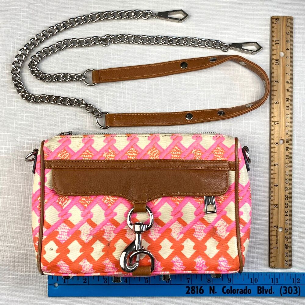 Rebecca Minkoff "MINI MAC" PINK + BROWN LEATHER Crossbody Bag! Long CHAIN STRAP